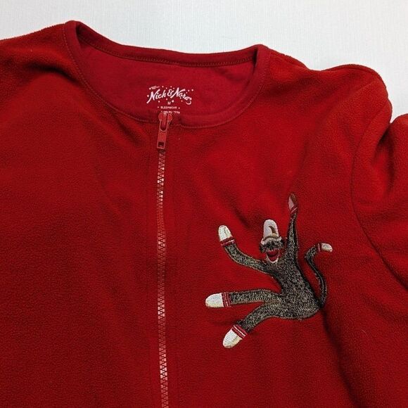 Nick & Nora Medium Red Sock Monkey Onesie Pajamas footed one piece outfit - Picture 2 of 6